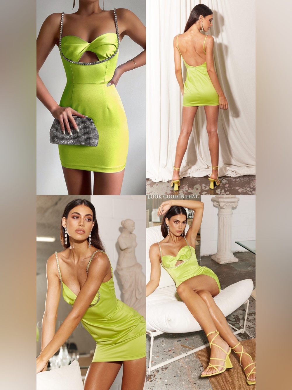 Neon Lime Satin Cutout Mini Dress with Crystal Straps